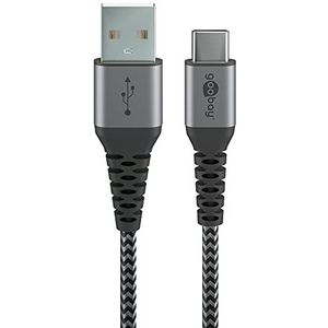 goobay 49297 USB-C kabel - extra robuuste textielkabel met metalen stekkers - 2 m - grijs