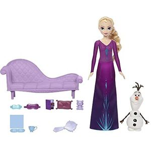 Frozen Disney HLX27 Elsa en Olaf 8-delige bedtijdset met stylingborstel, loungestoel, kussen, teddybeer, boek en slaapmaskers, voor kinderen vanaf 3 jaar