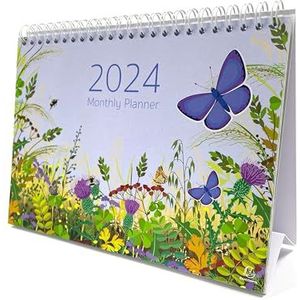Exacompta - Ref GS038Z bureaukalender/maandkalender 2024 vlindermotief maand per pagina Inclusief Britse feestdagen 210 mm x 150 mm Staat veilig op een bureau/plank. Inclusief