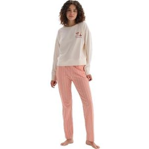 Dagi Pyjamaset met lange mouwen en geborduurde broek, pyjamaset voor dames, ECRU