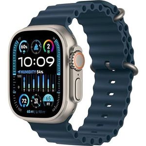 Apple Watch Ultra 2 (49 mm GPS + Cellular) Smartwatch met robuuste titanium behuizing en blauwe oceaanarmband. Volgen van fysieke activiteiten, zeer nauwkeurige GPS, extra lange batterijduur