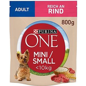 PURINA ONE Mini/S 8 blikjes droogvoer voor kleine honden, rijk aan rundvlees en rijst, 8 x 800 g