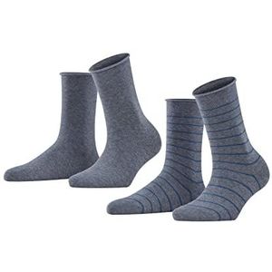 FALKE Happy Stripe damessokken, ademend, katoen, versterkt, zacht, effen, fantasie, opgerolde randen, niet samendrukken op de kuit, geschikt voor diabetici, multipack 2 paar, Grijs (Light Grey Melange