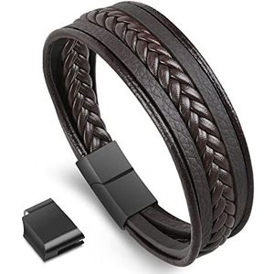 flintronic Lederen Armband voor Heren, Gevlochten Armbanden met Magnetische Gesp, Geweldig Cadeaus voor Mannen-Bruin