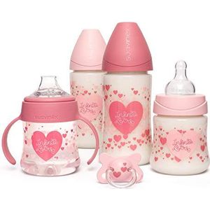 Suavinex, My Essentials Roze Hartset met 1 fopspeen -2/4 m + 2 flesjes van 270 ml + 1 flesje van 150 ml + 1 drinkbeker 150 ml