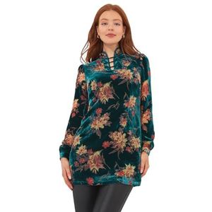 Joe Browns Korte jurk van fluweel met mandarijnkraag met donkere bloemen casual avondjurk dames, Groen