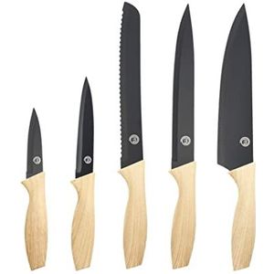 Master Chef Chef Set keukenmes, messen inclusief hakmolen, kantoor, kok, groenten en dunschiller, set zwart roestvrij staal met comfortabele handgrepen, roestvrije collectie, houtlook, 5-delig