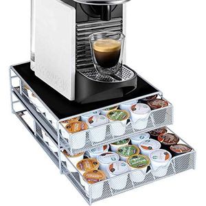 Bakaji Afneembare lade en opberglade voor Nespresso koffiecapsules en pads, Nescafe, Lavazza, metaal, zilveren structuur, zwarte bovenkant