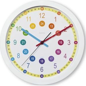 Hama Kinderwandklok om de tijd te leren (zonder te tikken, leerwijzerplaat met een diameter van 30 cm, stil, analoge klok voor kinderen, leerklok) wit