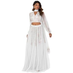Maya Deluxe Traditionele Indiase jurk voor dames, Lengha Choli Lehenga-outfit, sarrok en dupatta-top voor bruiloftsgasten, top coord damesrok (1 stuk), goudgrijs.