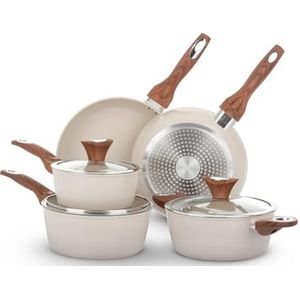 KASANOVA New Ceramic pannenset, keramische pannenset voor inductie, antiaanbaklaag, met glazen deksel (crème, 8 stuks)