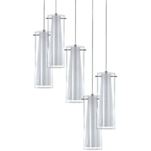 Eglo Pinto Hanglamp, 5 lichtpunten, materiaal: staal, kleur: chroom, glas: helder, wit en opaal mat, fitting: E27