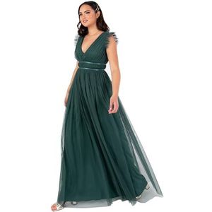 plaza collection limited Anaya with Love Lange jurk met korte mouwen, V-hals, satijn, tule, bruidsmeisjesjurk, bruiloftsgast, baljurk, smaragdgroen 44, smaragdgroen, 44, Emerald Groen, 44