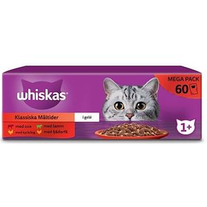 WHISKAS Les Classic Maaltijden (4 soorten) voor katten – 60 verse zakjes – volwassen voer in gelei – compleet en uitgebalanceerd natvoer, ook geschikt voor gesteriliseerde katten