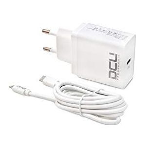 DCU Tecnologic | Mobiele oplader, USB type C Power Delivery oplader + USB type C-kabel, snel opladen, lengte 1,8 m, wit