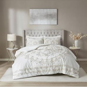 Madison Park Violette beddengoed 3-delig 100% katoen chenille - boho medaillon design, moderne luxe all-weather met bijpassende kussenslopen - tweepersoonsbed / groot bed (228,6 x 228,6 cm) - ivoor/taupe