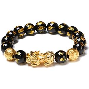 Nerplro Feng Shui amulet armband goud Pi Xiu geluksbrenger natuurlijke obsidiaan zwart één maat steen, Steen