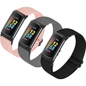 HUYIIO Set van 3 verstelbare elastische horlogebandjes, compatibel met Charge 5/Charge 6 armbanden, rekbare reservearmband van zacht en ademend nylon, voor dames en heren, Geen edelsteen