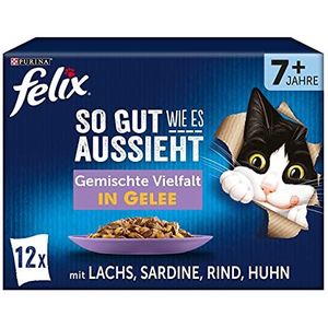 FELIX Zo ziet het er ook uit als senior kattenvoer nat in gelei, rassenmix, 6 stuks (6 x 12 zakjes van 85 g)