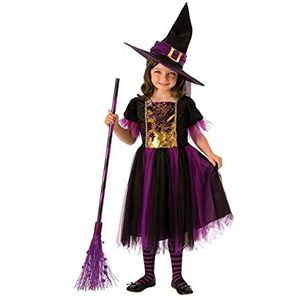 Rubies heksenkostuum voor meisjes, goudkleurige en paarse jurk met hoed voor Halloween, carnaval en Kerstmis