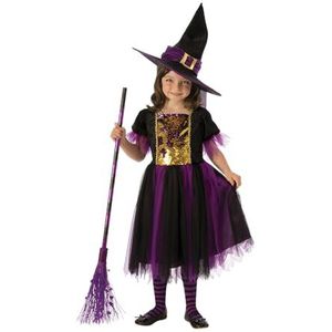 Rubies heksenkostuum voor meisjes, goudkleurige en paarse jurk met hoed voor Halloween, carnaval en Kerstmis