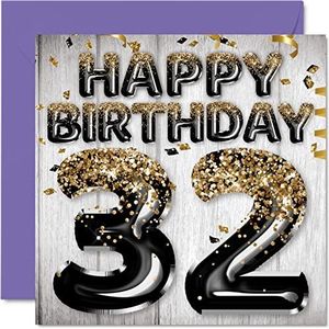 Verjaardagskaart voor heren, 32 jaar, ballonnen, zwart, goud, glitter, verjaardagskaarten voor mannen, vriend, broer, vader, oom, 145 mm x 145 mm