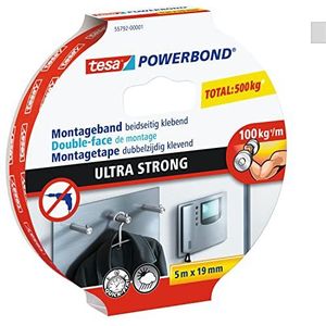 Tesa Powerbond Ultra Strong montagetape, dubbelzijdig, extra sterk, sterke lijm voor het bevestigen van voorwerpen zonder boren, 5 m x 19 mm