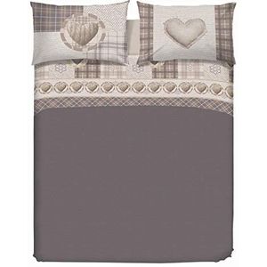 PENSIERI DELICATI Beddengoedset voor tweepersoonsbed, 100% katoen, beddengoedset voor tweepersoonsbed, 180 x 200 cm, met laken, top en 2 kussenslopen, gemaakt in Italië, fantasie, Love Mountain, beige