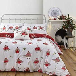Catherine Lansfield Omkeerbare kerstbeddengoedset met dekbedovertrek en kussensloop Roodborstpatroon wit/rood