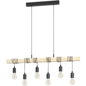 EGLO TOWNSHEND Vintage hanglamp met 6 vlammen in industrieel design, retro hanglamp van staal en hout, zwart, bruin, FSC-gecertificeerd, E27 fitting