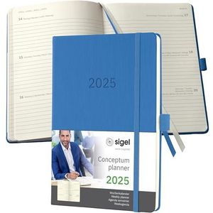 SIGEL Conceptum C2568 Agenda semainier 2025, format A5, bleu, couverture rigide, 192 pages, élastique, passant pour stylo, pochette d'archive, certifié PEFC, bleu