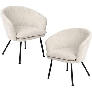 MEUBLE COSY Set van 2 Scandinavische woonkamerstoelen, gestoffeerd, relaxbank, met armleuningen en dik kussen, metalen voet, voor slaapkamer, keuken, kantoor, beige, stof, 67,5 x 64 x 74,5 cm