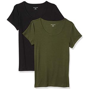 Amazon Essentials Dames-T-shirt met korte mouwen en ronde hals, slim fit, donkerolijf/zwart, maat M