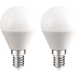 2 x LED-lamp E14, 6 W, warm licht (3000 K), 470 lm.