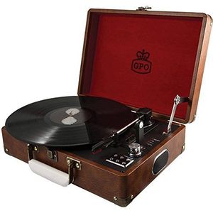 GPO Platenspeler van vinyl in kofferlook met geïntegreerde luidsprekers, vintage bruin