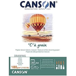 CANSON ""C"" tot korrelgrootte, wit tekenpapier, fijne korrel, 180 g/m², blok gelijmd aan kleine kant, A4 - 21 x 29,7 cm, natuurlijk wit, 30 vellen