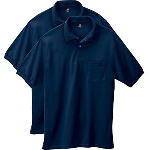 Hanes Poloshirt met korte mouwen van jersey met zak voor heren (2 stuks), marineblauw, 4XL, Navy Blauw