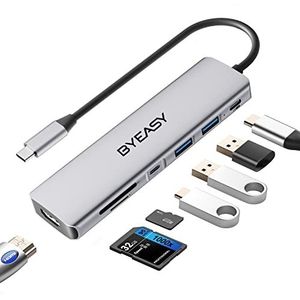 BYEASY USB C-hub, 7-in-1 USB C-splitter met HDMI 4K, SD/TF-kaartlezer, 100 W voeding, 0,6 m kabel, ultradunne USB-adapter compatibel met laptop en andere apparaten van