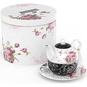 London Boutique Tea for One theepot en schotel, porselein, vintage bloemenpatroon, 350 m, zwart
