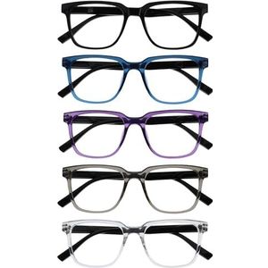 OPULIZE LEO Lunettes de Lecture - Pack 5-Pack - Grande Monture Rectangulaire - Noir, Bleu, Violet, Gris, Transparent - Homme Femme - Charnières à Ressort - RRRRR55-1357C - +2.50