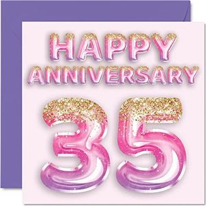 Schattige koraalverjaardagskaart voor vrouwen, vriendin, echtgenoot, vriend, glitterballon, roze paars, wenskaarten voor de 35e verjaardag van de familie, 145 mm x 145 mm