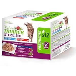 Trainer Natvoer voor volwassen gesteriliseerde katten, multipack tonijn en rundvlees 12 x 85 g