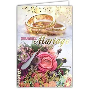 Gelukkige kaart, bruiloft, verguld, goudkleurig, trouwringen, boeket, bloemen, roze, gemaakt in Frankrijk