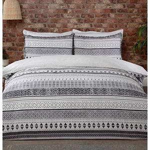 Sleepdown Dekbedovertrekset met geometrisch Azteekse patroon en strepen, omkeerbaar, zwart/wit/grijs, King Size 220 x 230 cm