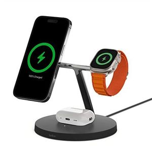 Belkin MagSafe 3-in-1 draadloos laadstation, 15 W draadloze snellader voor iPhone en Apple Watch, AirPods laadstation voor iPhone 16, 15, 14, 13, 12, Apple Watch 10/9/8, SE, Ultra