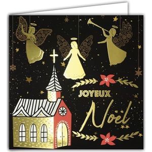 Vierkante kaart vrolijk kerstfeest, beste wensen van glanzend goud met witte envelop 15 x 15 cm – kerk zingt de engelen in onze campagnes muzikant trompet, sterren, feesten, eind van het jaar, gemaakt