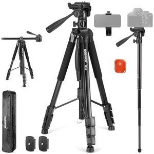 NEEWER 189 cm monopod videostatief met 3-weg kantelbare kop en handgreep, robuust metalen statief met telefoonhouder en actiecamera-adapter, compatibel met GoPro DJI iPhone,