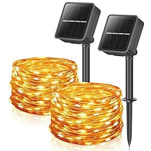 Lichtsnoer op zonne-energie voor buiten, 12 m, 100 leds, waterdicht, met 8 lichtmodi, voor balkon, tuindecoratie, bomen, terras, bruiloften, kerstverlichting, 2 stuks warm wit