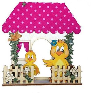 Petra's Bastel News Huis met hek en 2 verschillende kippen met lijm, vilt en houten delen - Kleur: roze, 28 x 19 x 5,5 cm