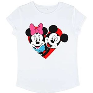 Disney Classic – Mickey Minnie Heart Vrouwen Organic Rold Sleeve T-Shirt Dames Roll Sleeve T-Shirt Wit S, Wit